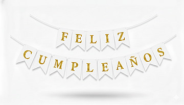 Banderin Feliz Cumpleaños Blanco con Oro - 1