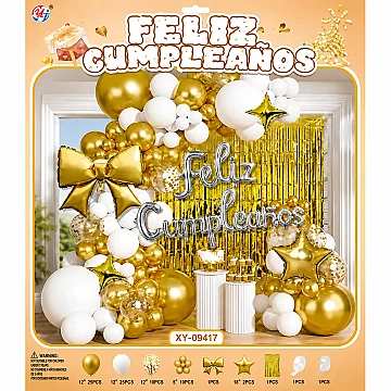 Set de Globos Deco Feliz Cumple Oro y Blanco - 1