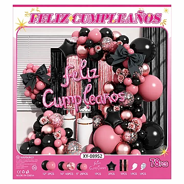Set de Globos Deco Feliz Cumple Fucsia y Negro - 1