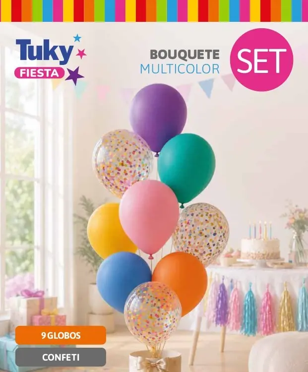 Set de 9 Globos Multicolor mas Cristal con Confetti