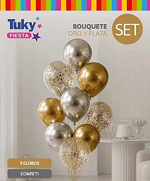 Set de 9 Globos Oro y Plata mas Cristal con Confetti - 1