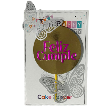 Topper para Torta "F. Cumple" Mariposa Plata