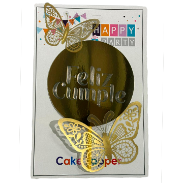 Topper para Torta "F. Cumple" Mariposa Dorada