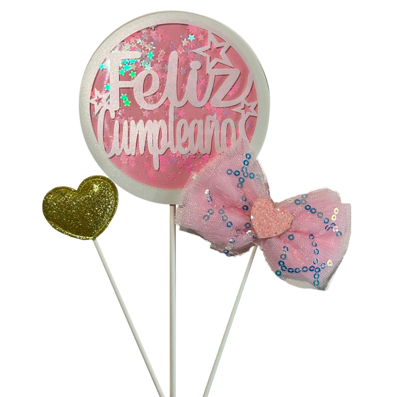 Topper para Torta "F. Cumple"  Moño Rosa