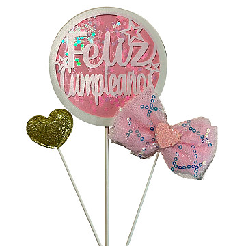 Topper para Torta "F. Cumple"  Moño Rosa - 1